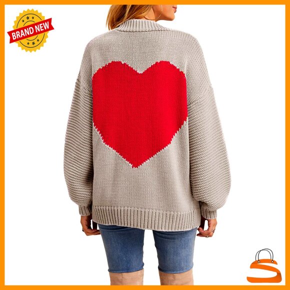 Sweaters - Chunky Knit Oversized Cardigan Open Front Long Sleeve Heart Patch Y2K Chic